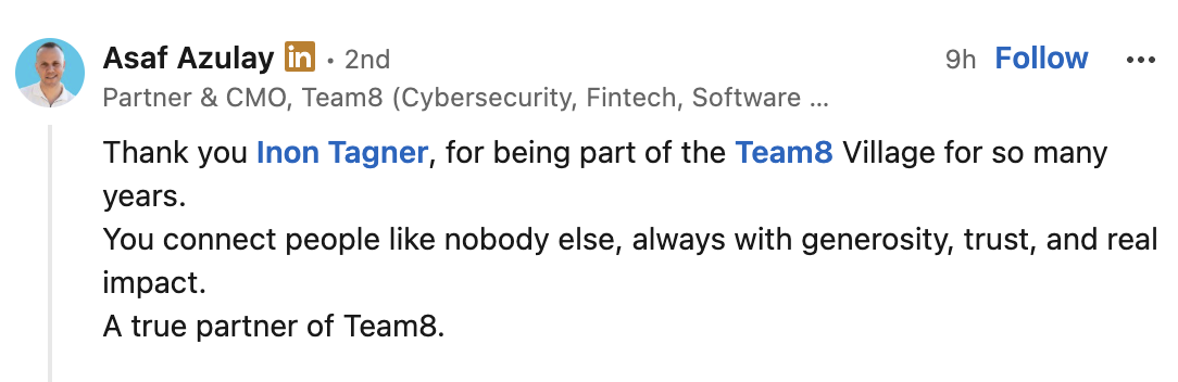 LinkedIn post by Asaf Azulay, Partner & CMO at Team8