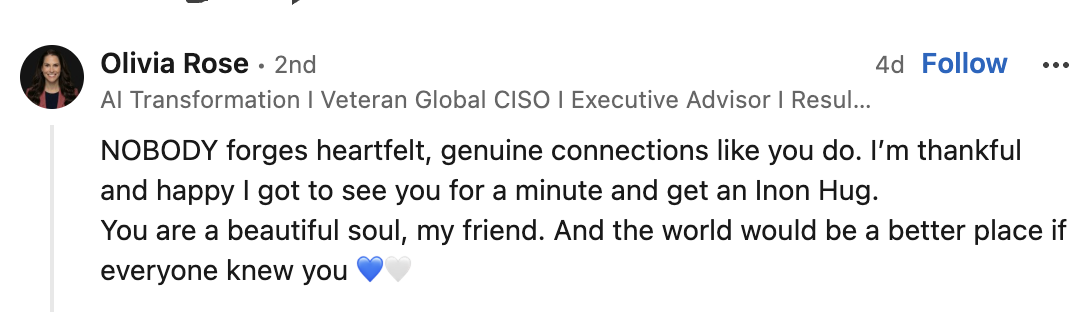 LinkedIn post by Olivia Rose, Veteran Global CISO & Executive Advisor